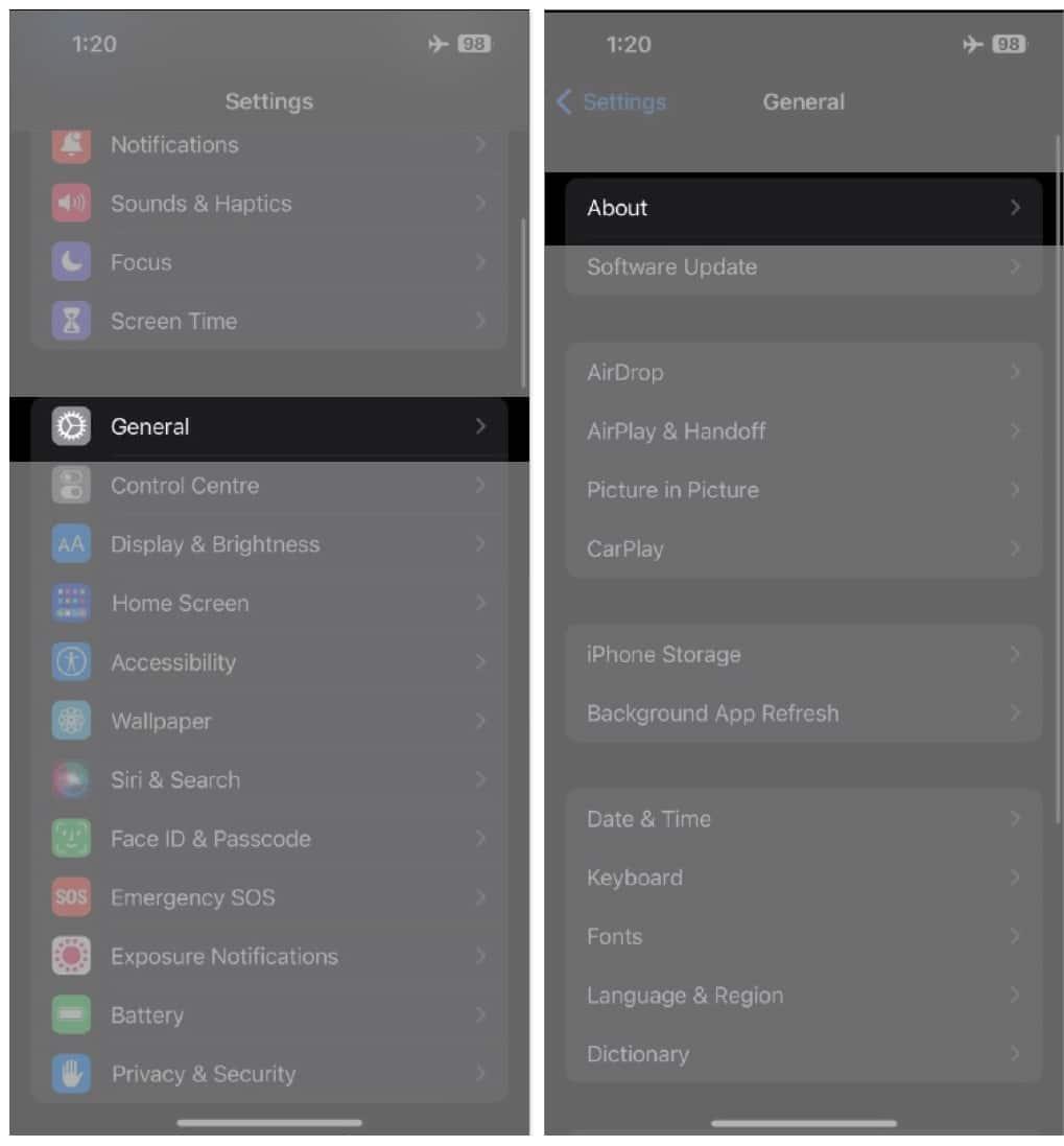 Update carrier settings, go to Settings, navigate to General, tap About
