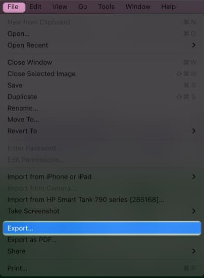 click file, select export in image preview