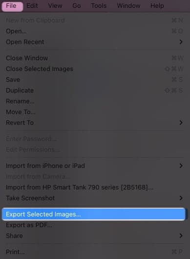click file, select export selected photos in preview