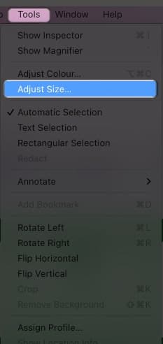 click tools, select adjust size in preview