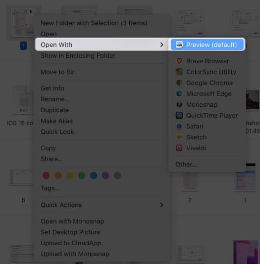 select images, right click on an image, click open with, select preview in finder