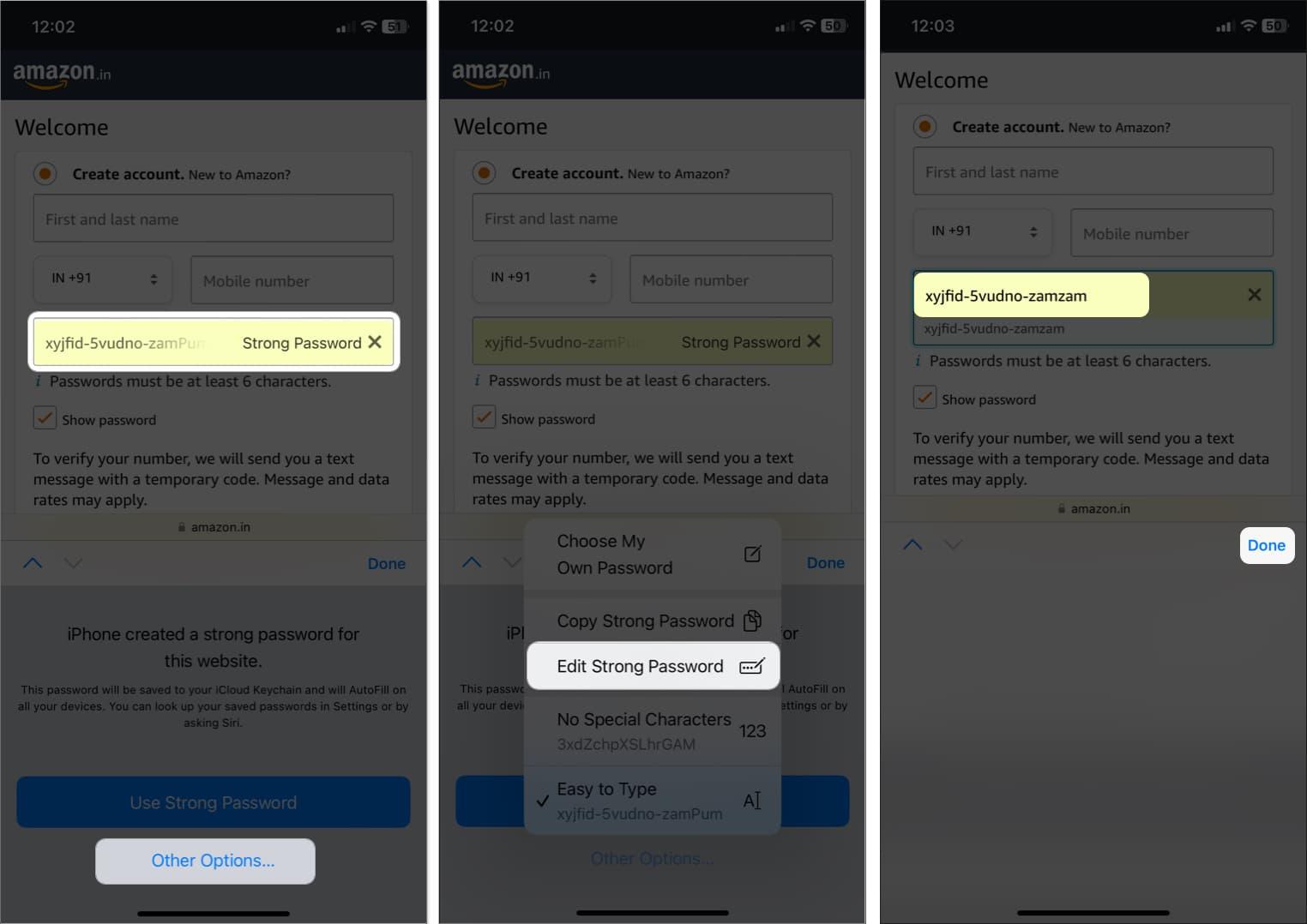tap password section, other options, edit suggested passwords, type password, tap done in safari