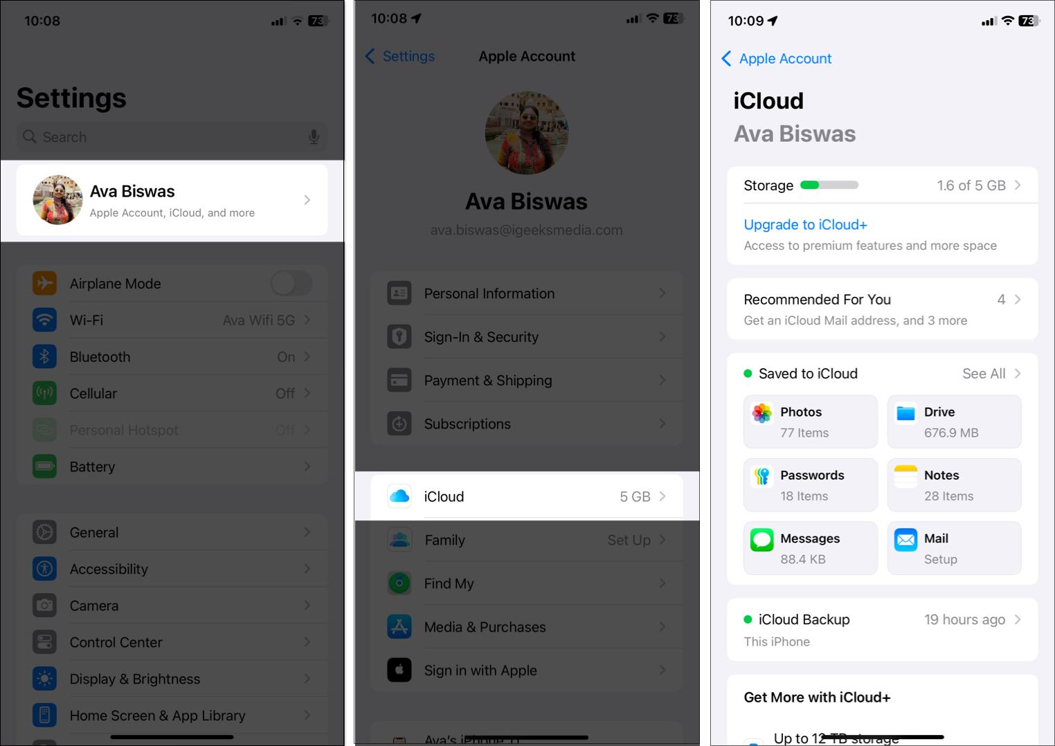 Access iCloud data from iPhone Settings.