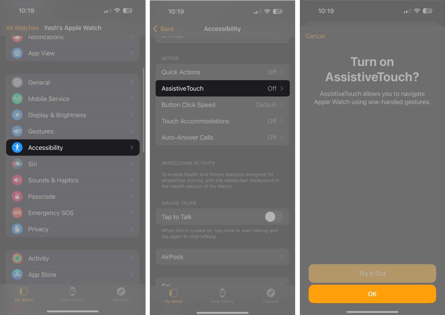 Accessibility, AssistiveTouch, OK