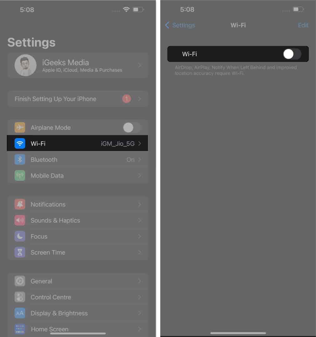 Access Wi-Fi in settings, toggle off Wi-Fi in settings