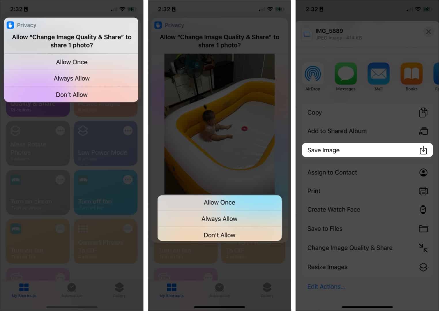 Change Image Quality and Share shortcut, Save Image