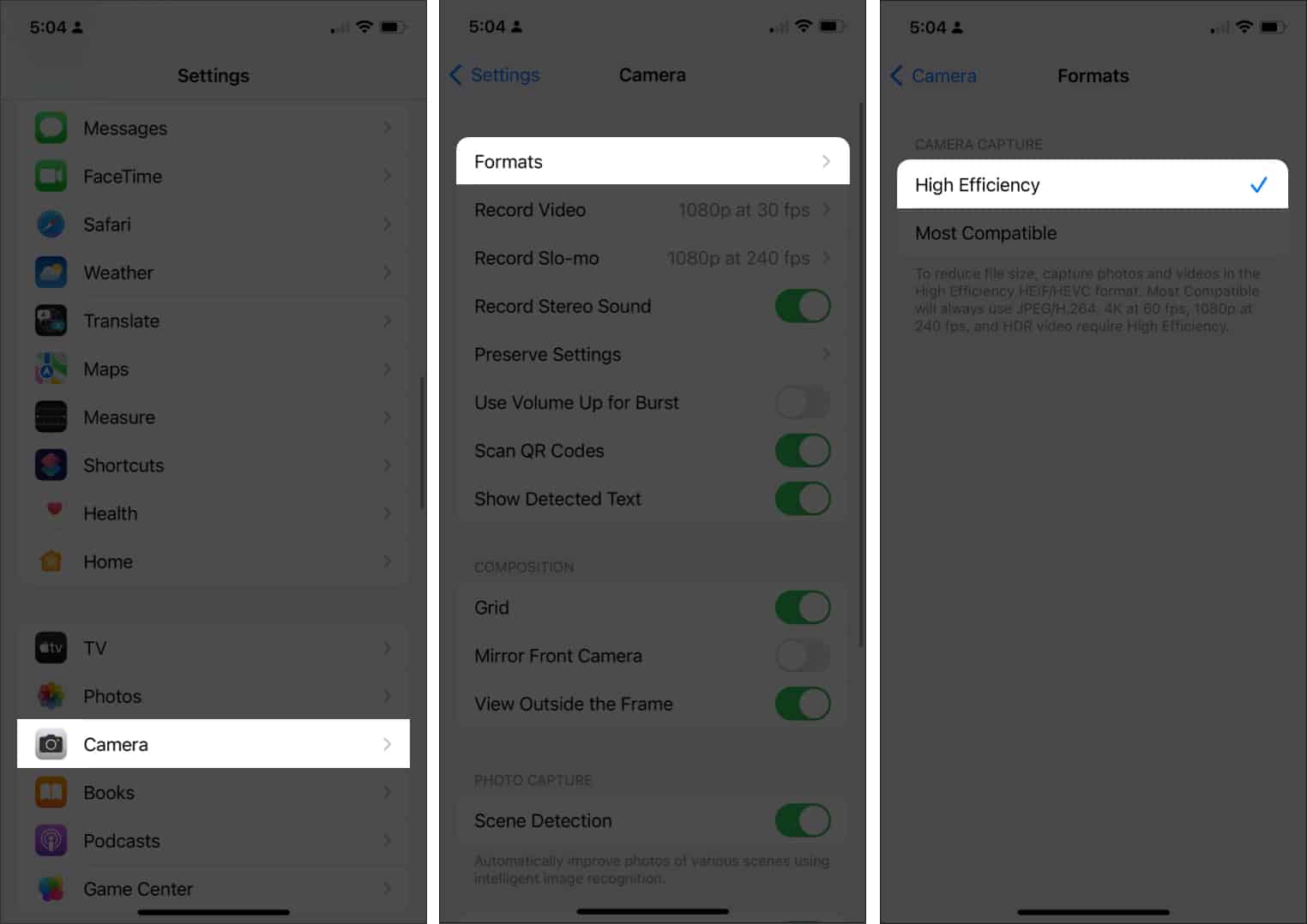 Settings, Camera, Formats, High Efficiency to change image format