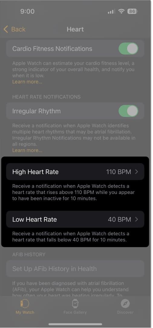 Choose beats per minute for the High Heart Rate and Low Heart Rate on iPhone's Heart Rate app