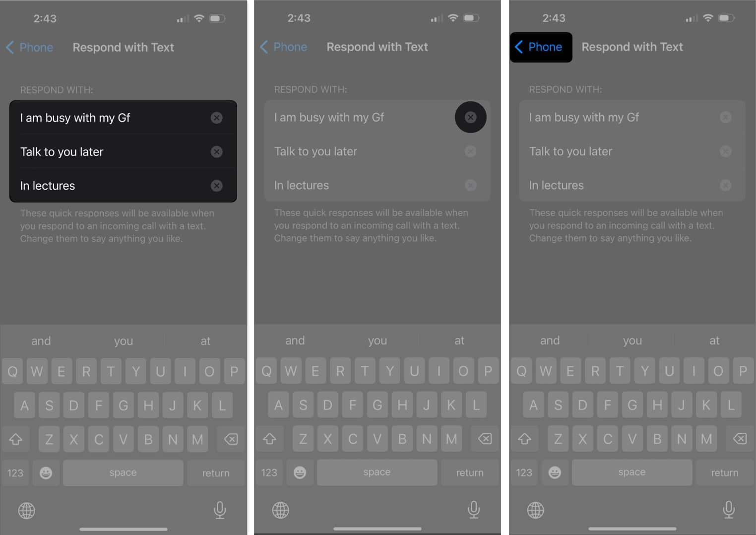 Curate your messages close to delete Phone to go back in settings