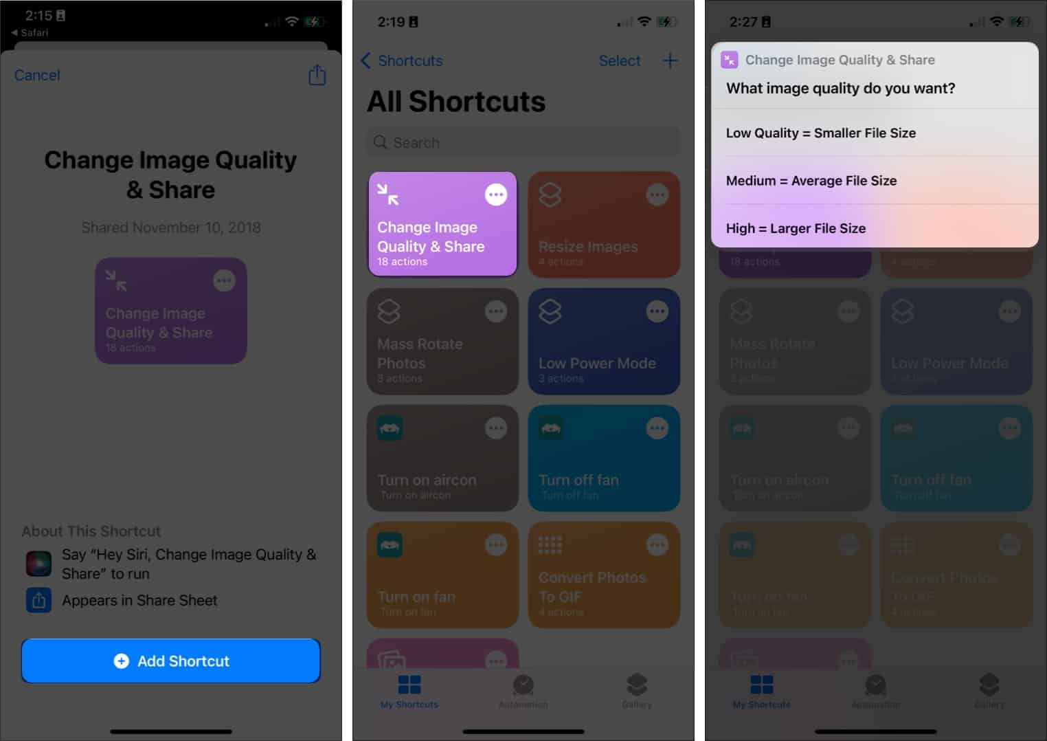 Download Change Image Quality and Share Shortcut and choose image quality