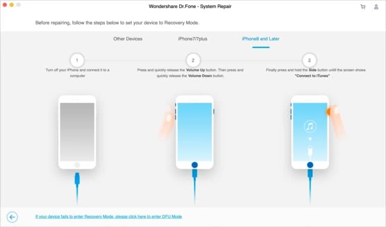 Dr. Fone System Repair showing instructions to put iPhone in Recovery Mode