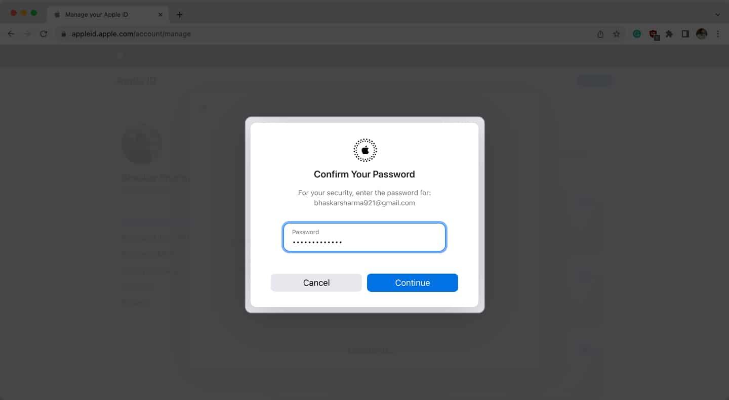 Enter your current apple id password and hit continue