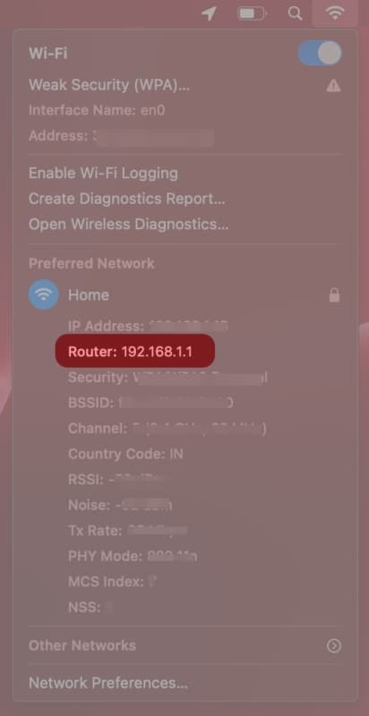 Find Mac's router IP address using Wi-Fi menu