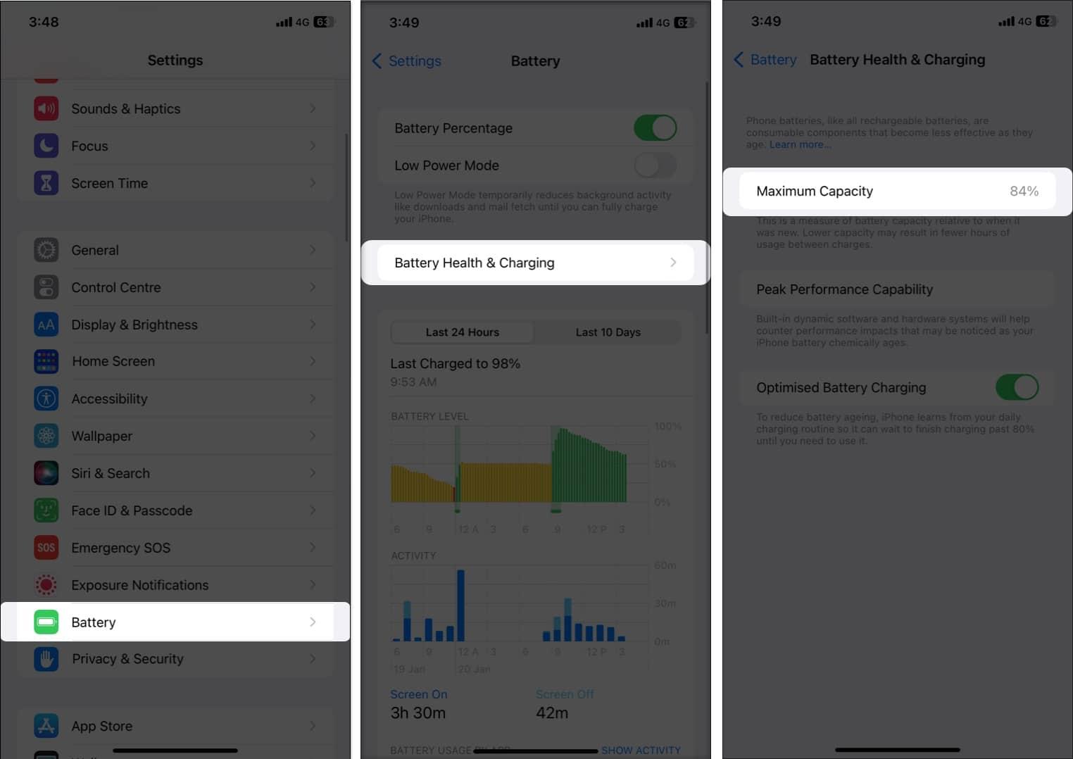 Checking a used iPhone's battery health in Settings.