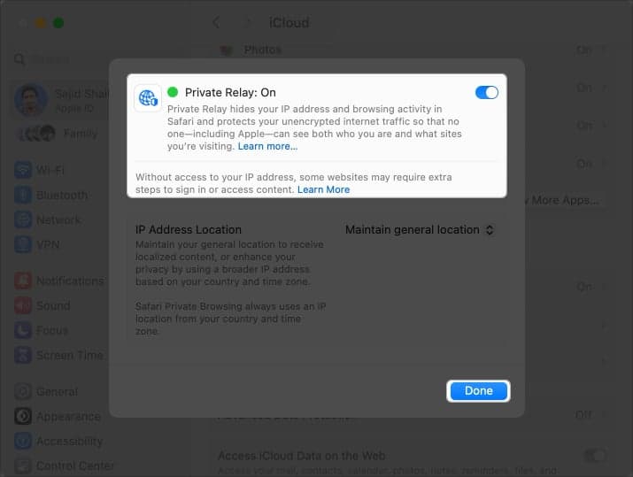 Image highlighting to Turn on Private Relay again and selecting Done