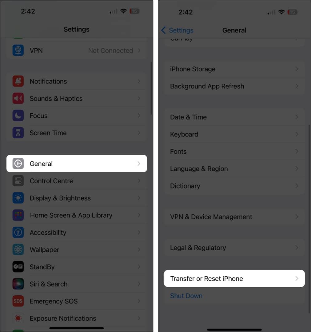 Select General then select Transfer or Reset iPhone