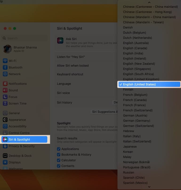 Select your preferred language from the list