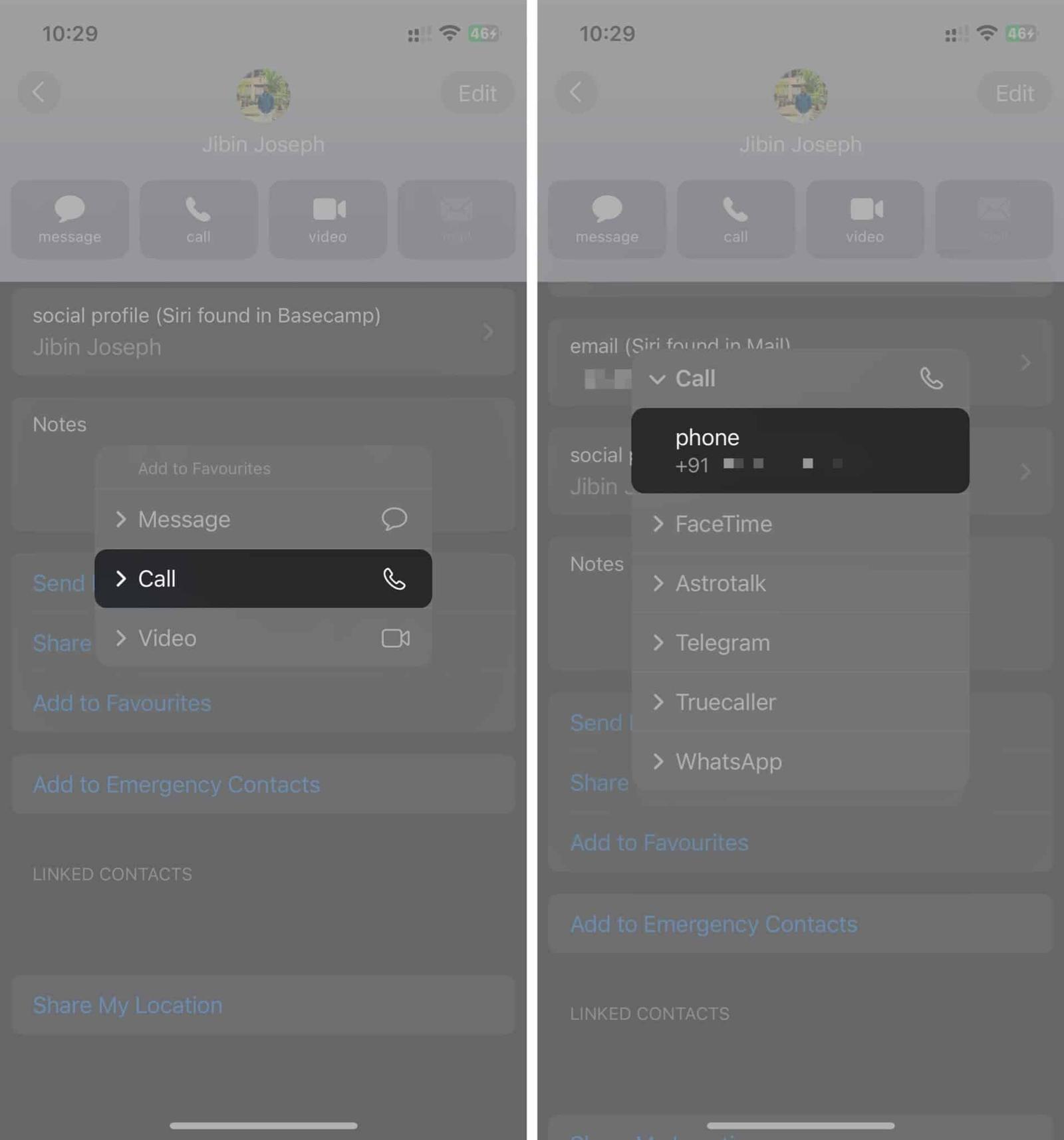 Selecting contact method when adding favorite contact