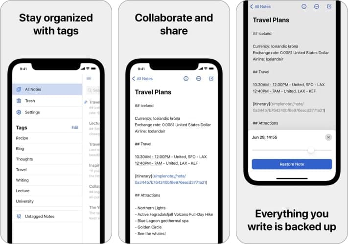 Simplenote app for productivity on iPhone