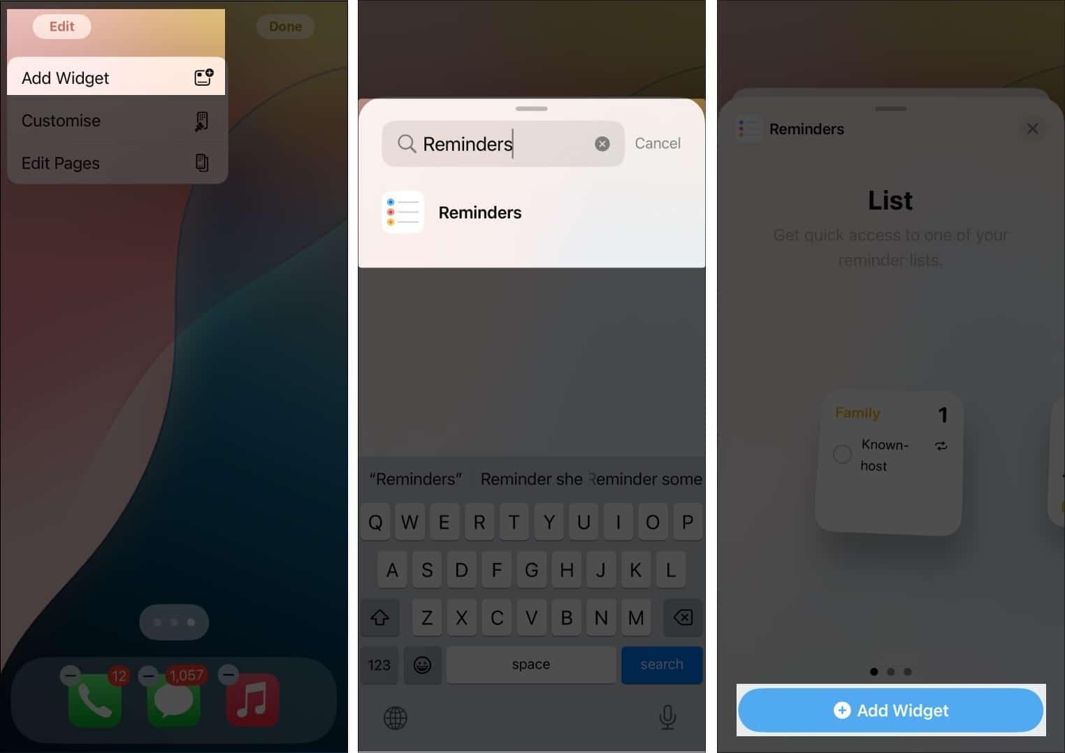 Tap Edit, Add Widgets and Select Reminders and Add Widget on iPhone.