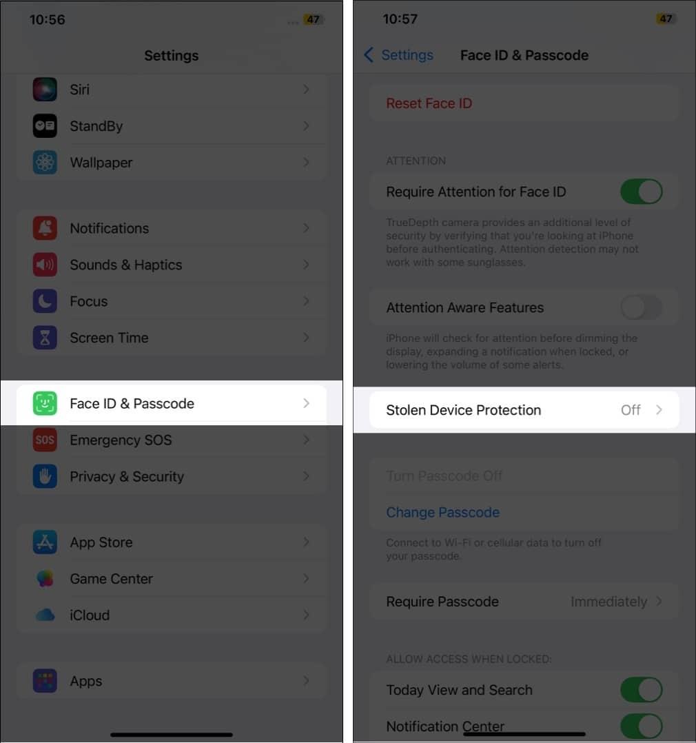 Tap Stolen Device Protection in iPhone Settings.