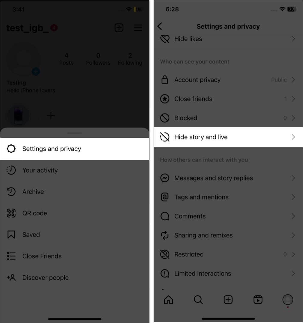 Tap settings and privacy, hide stories and likes in instagram