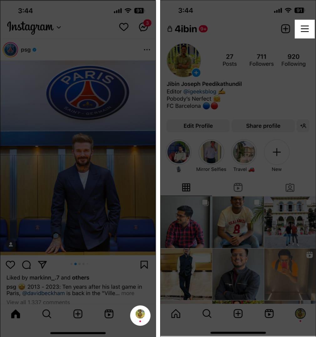 Tap the profile icon, hamburger icon in instagram
