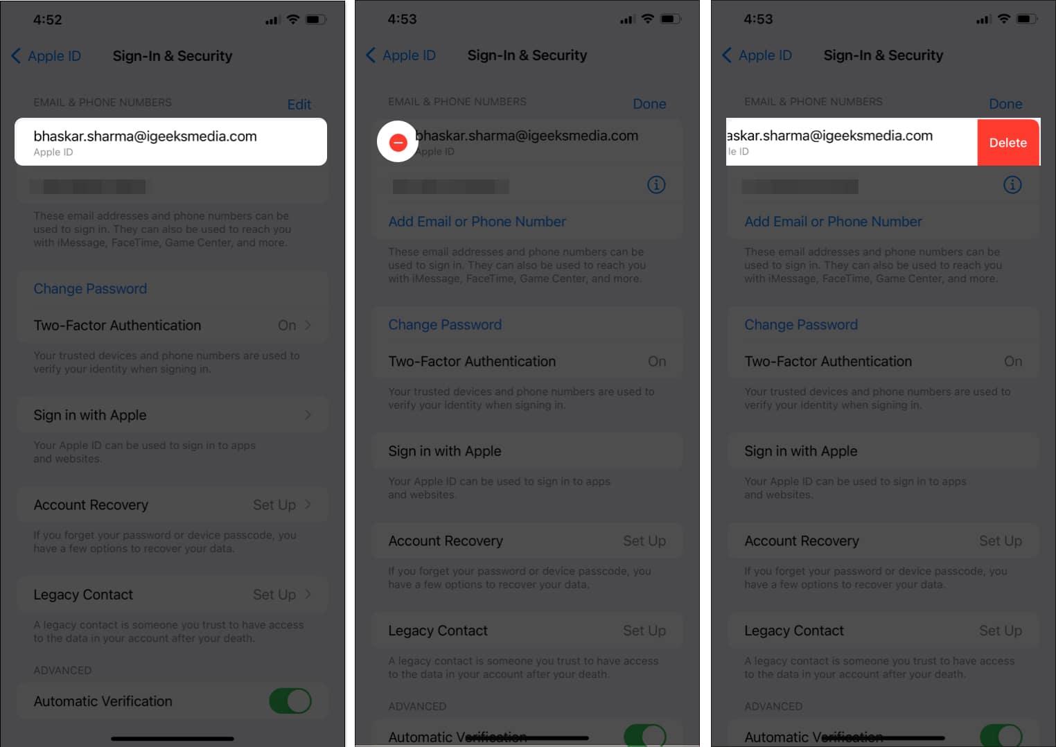 Tap your apple id to remove it press the button and confirm by tapping delete