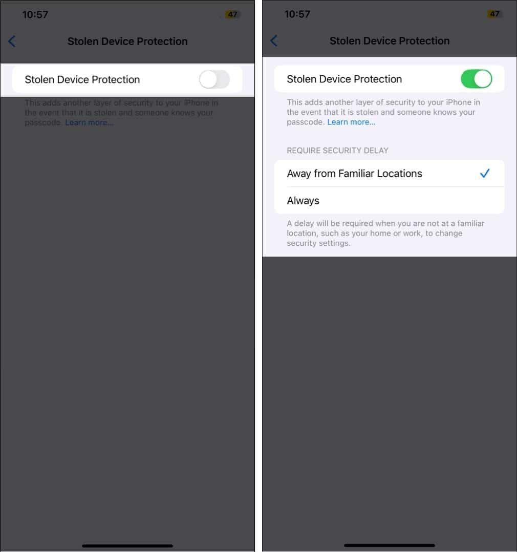 Turning on the Stolen Device Protection feature on an iPhone.