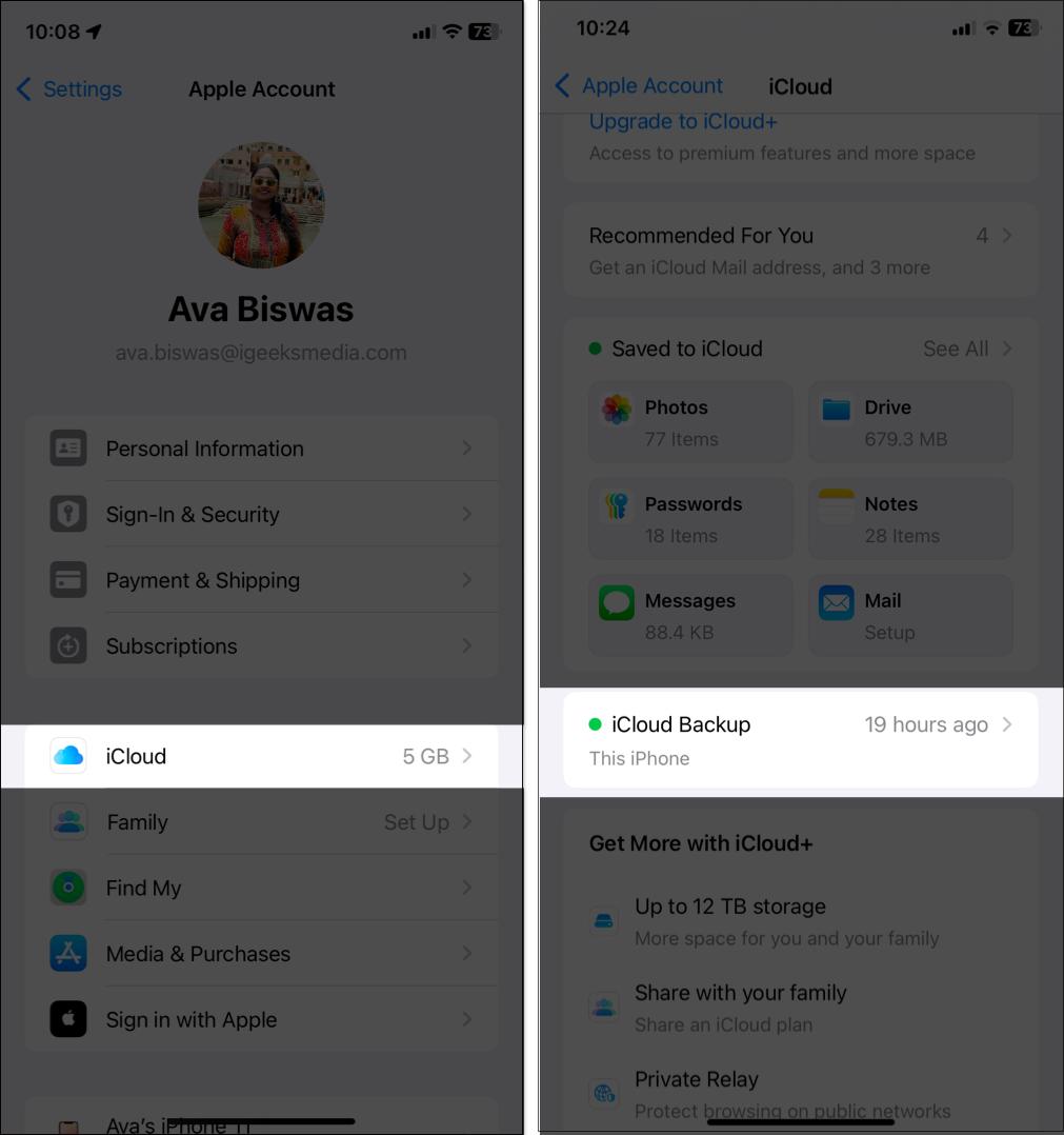 View iCloud Backup in iCloud Settings on iPhone.
