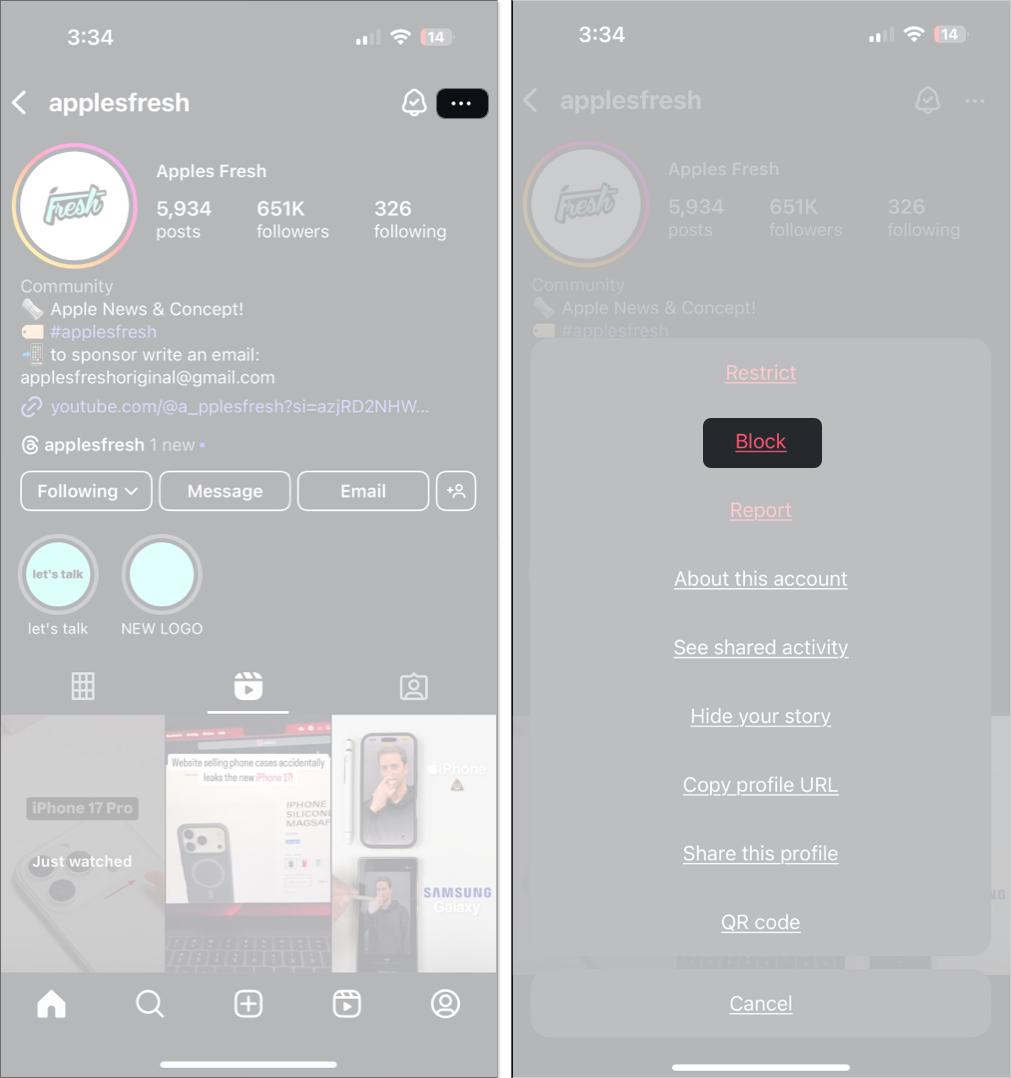 Block someone profile on Instagram settings