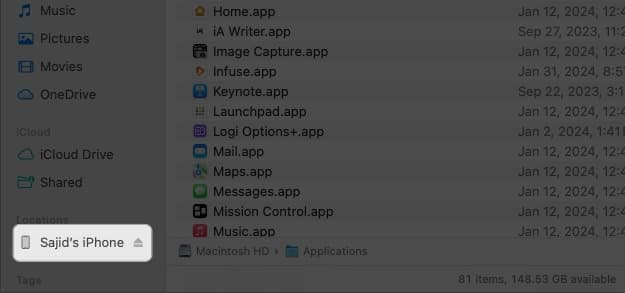 Click iphone from finder sidebar