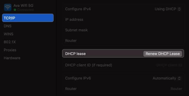 click tcp/ip, select renew dhcp lease in wi-fi settings