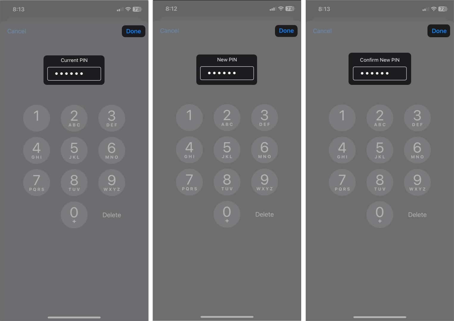 enter you current sim pin, tap done, enter your new Sim pin twice and tap done in settings