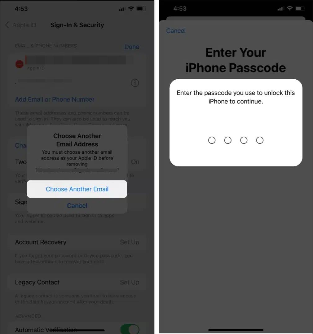 Tap choose another email from the prompt displayed