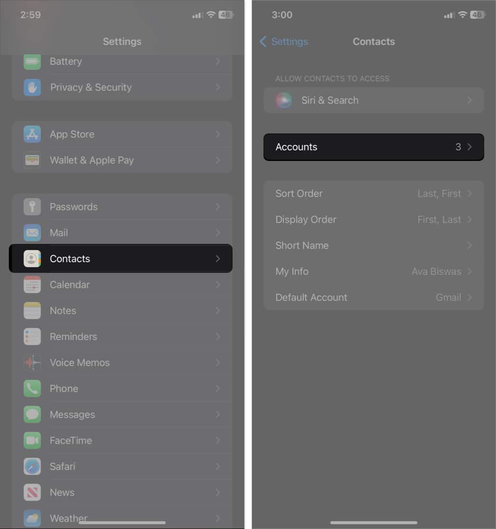 tap contacts, tap Accounts in Settings