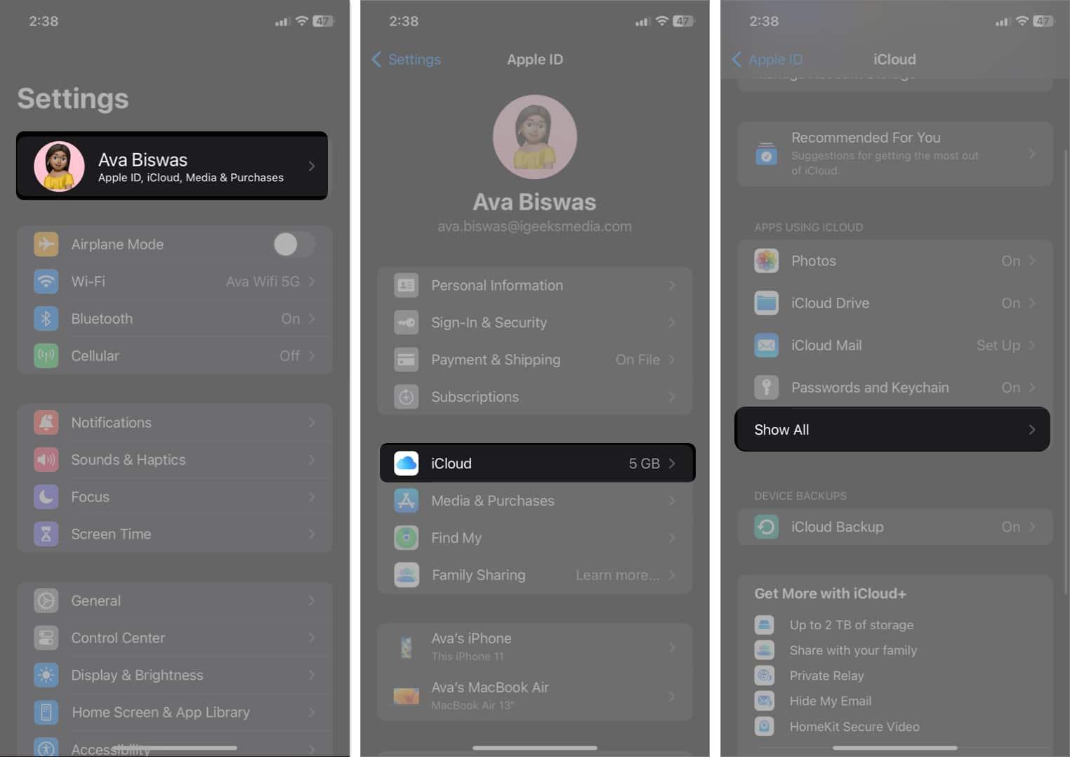 tap your profile, tap iCloud, tap Show all in Settings