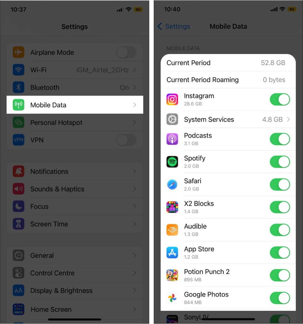 Check data usage for individual apps on iPhone