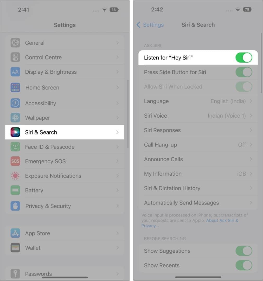 Check if iPhone Hey Siri is turned on