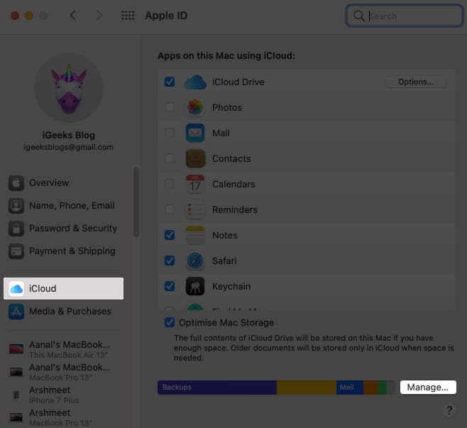 Click Manage in the lower corner on Mac