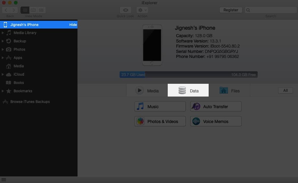 Click on Data in Device Overview on Mac