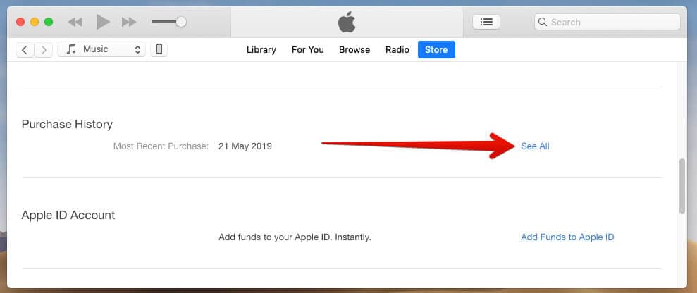 Click on See All in Purchase History in iTunes