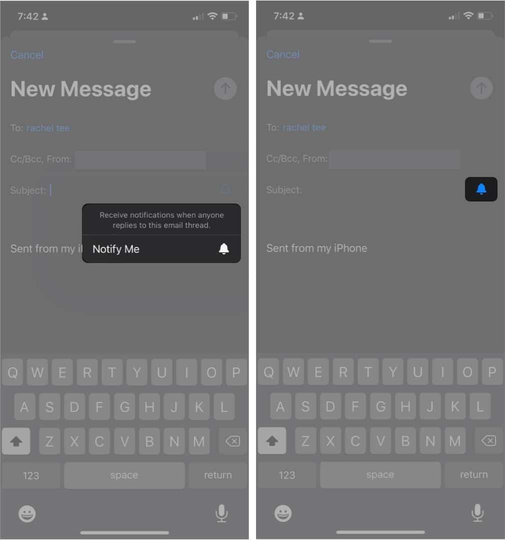 Notification Bell icon in composing an email on iPhone