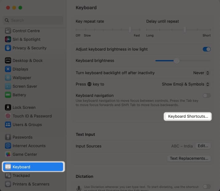 Go to Keyboard and select Keyboard Shortcuts
