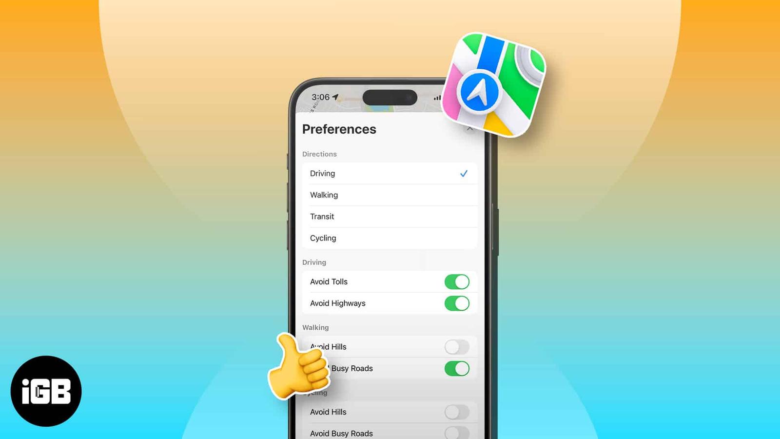 How to change default direction type in Apple Maps on iPhone
