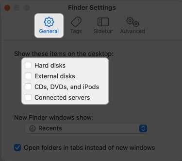 Make sure that you’re on the General tab and uncheck the boxes next to things you want to hide Hard disk External disks CDs, DVDs, and iPods Connected servers