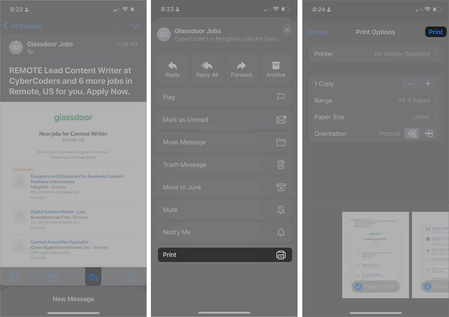 Print email on iphone