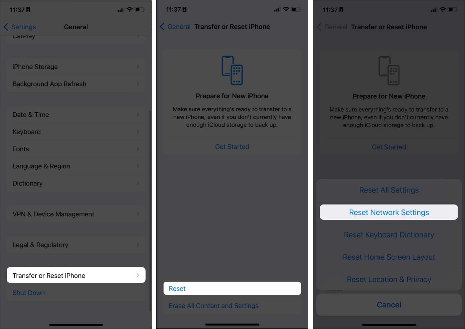 Reset network settings on an iPhone