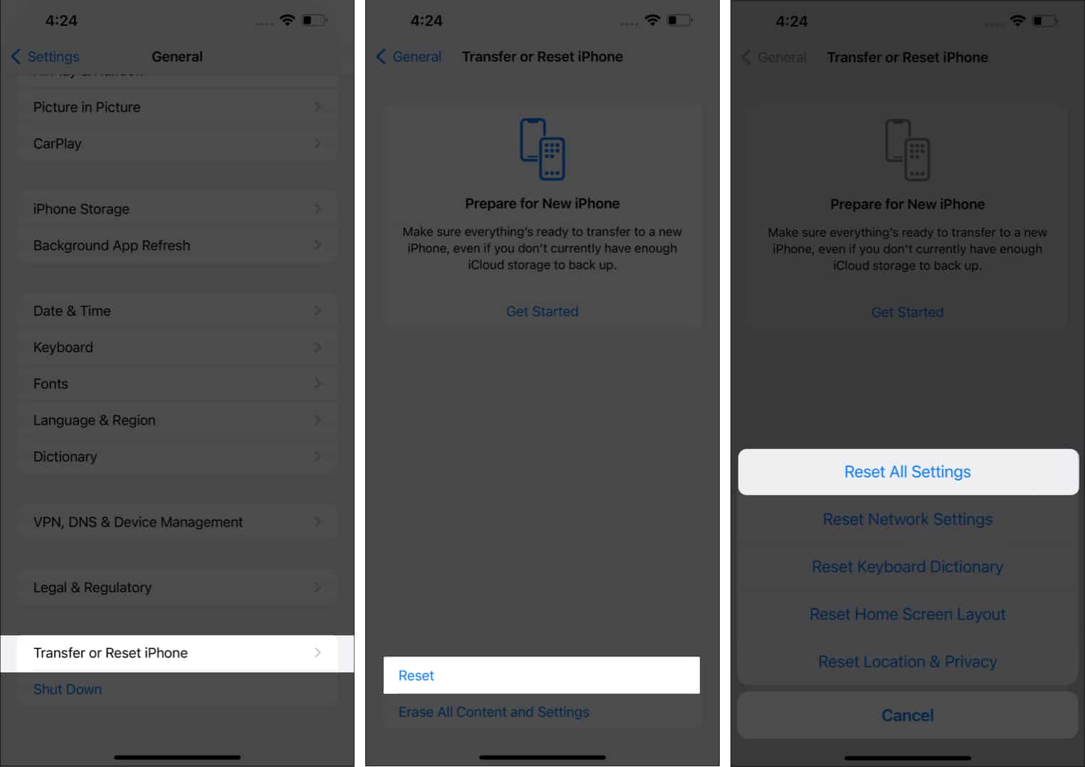 Reset all settings on iPhone