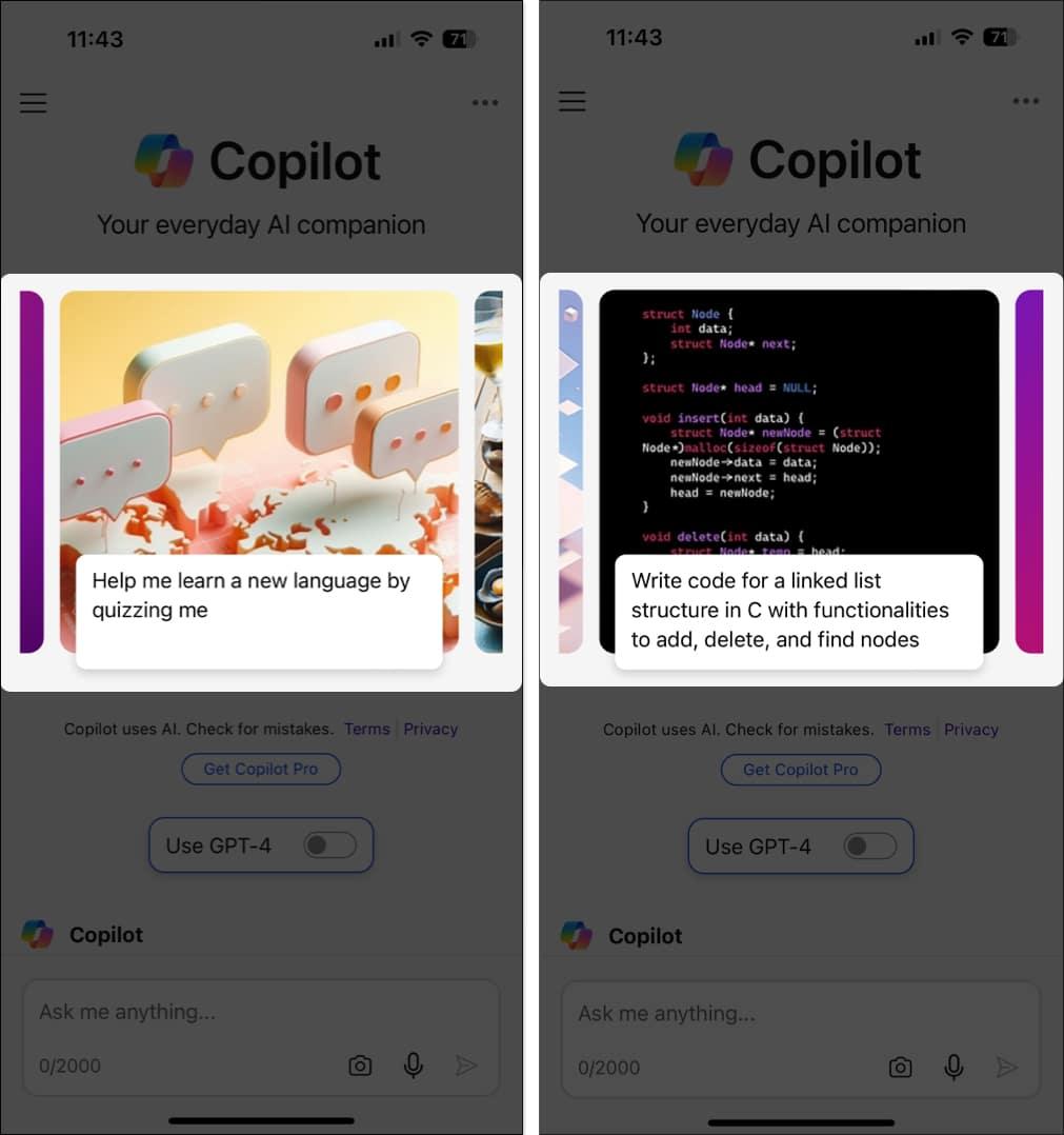 See the suggested prompts in copilot app on iPhone